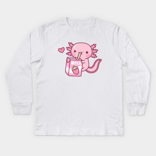 Cute Axolotl Drinking Strawberry Milk Doodle Kids Long Sleeve T-Shirt